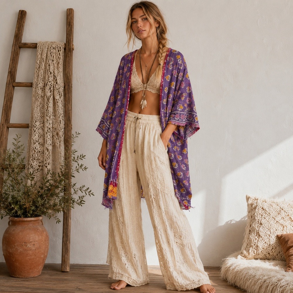 Kantha Patchwork Quilted Kimono Robe OS Reversible Boho Artisan One Of A Kind